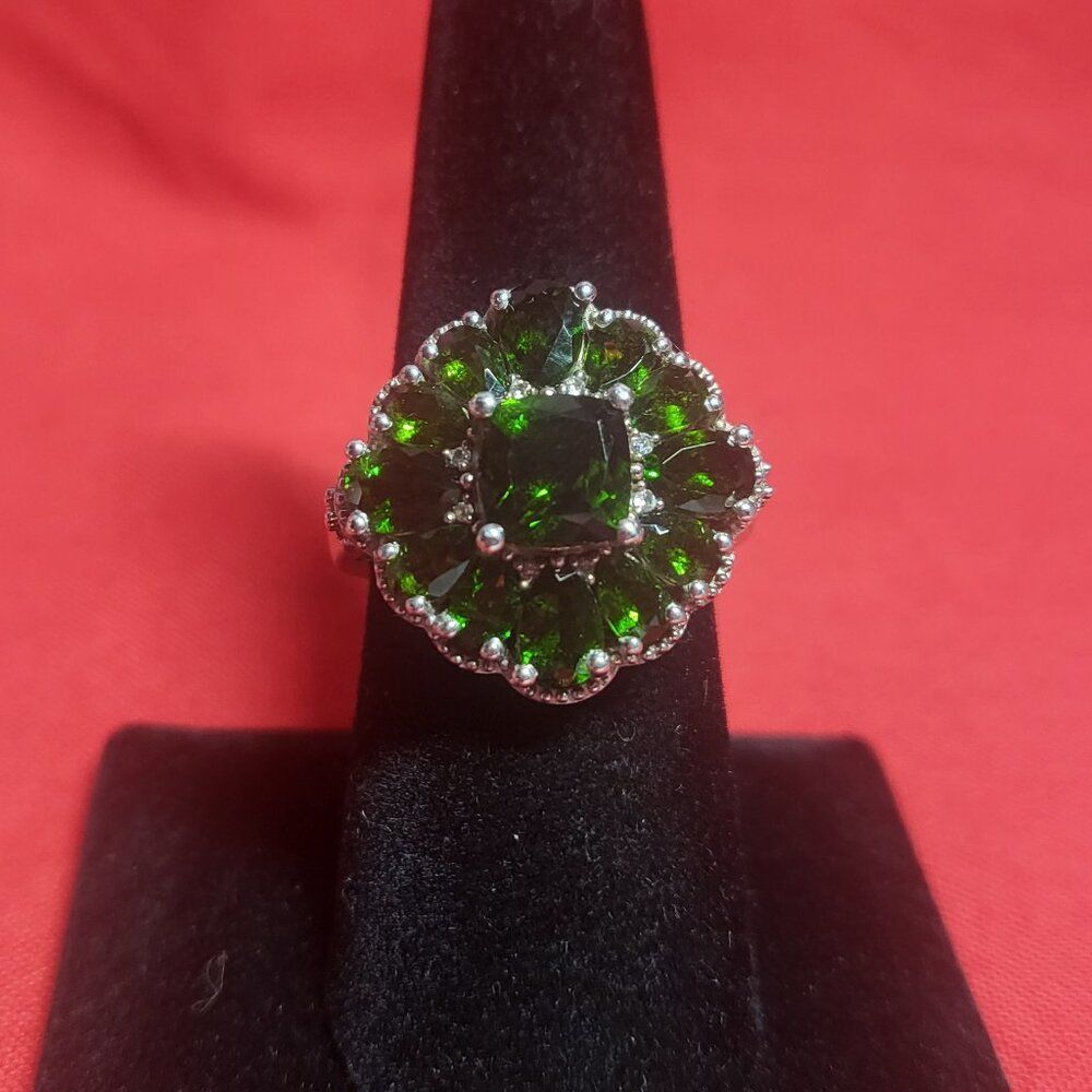 Chrome Diopside Platinum/Sterling Silver Cluster Ring